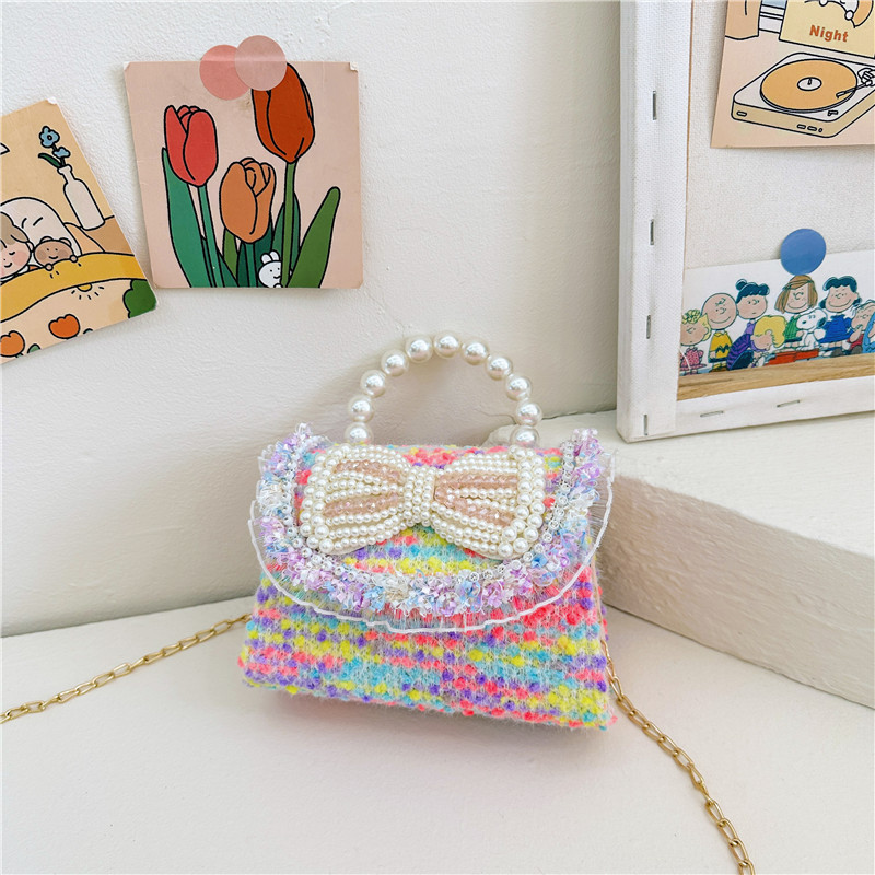 Colorido lentejuelas de los niños bolsa arco accesorios princesa estilo occidental perla bolso coreano mini cadena mensajero bolsa