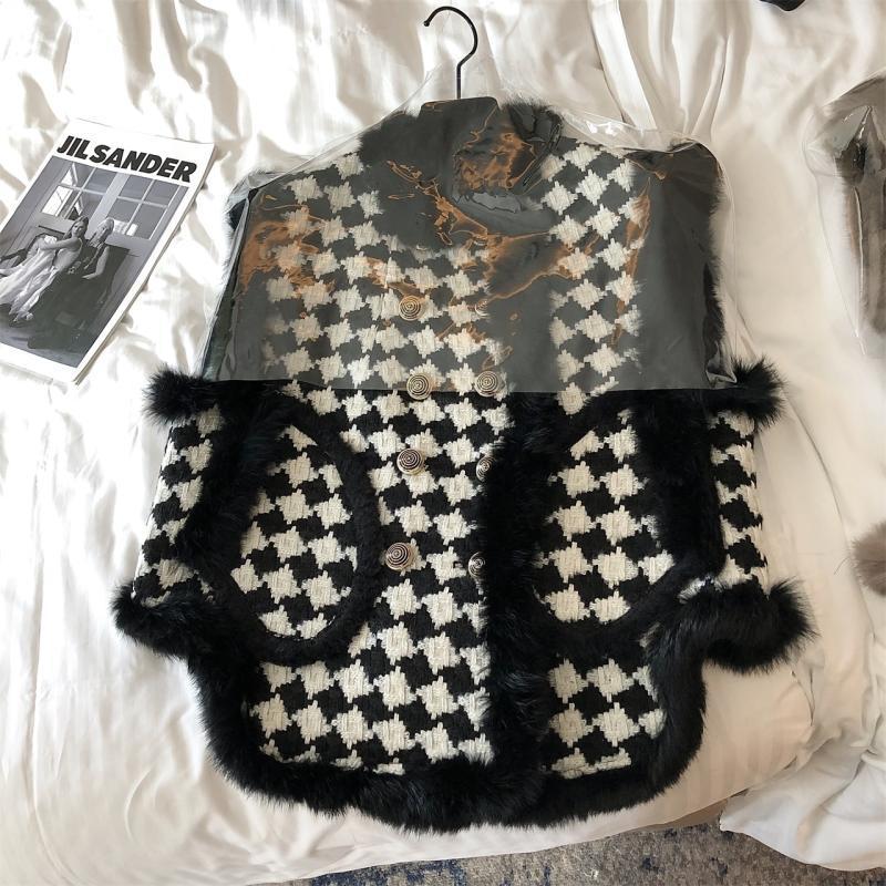 水貂毛小香风千鸟格马甲女2023秋冬新款加绒保暖百搭宽松毛领外套
