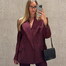 欧美女装跨境外贸批发英伦风勃艮第酒红西装套装阔版外套长裤