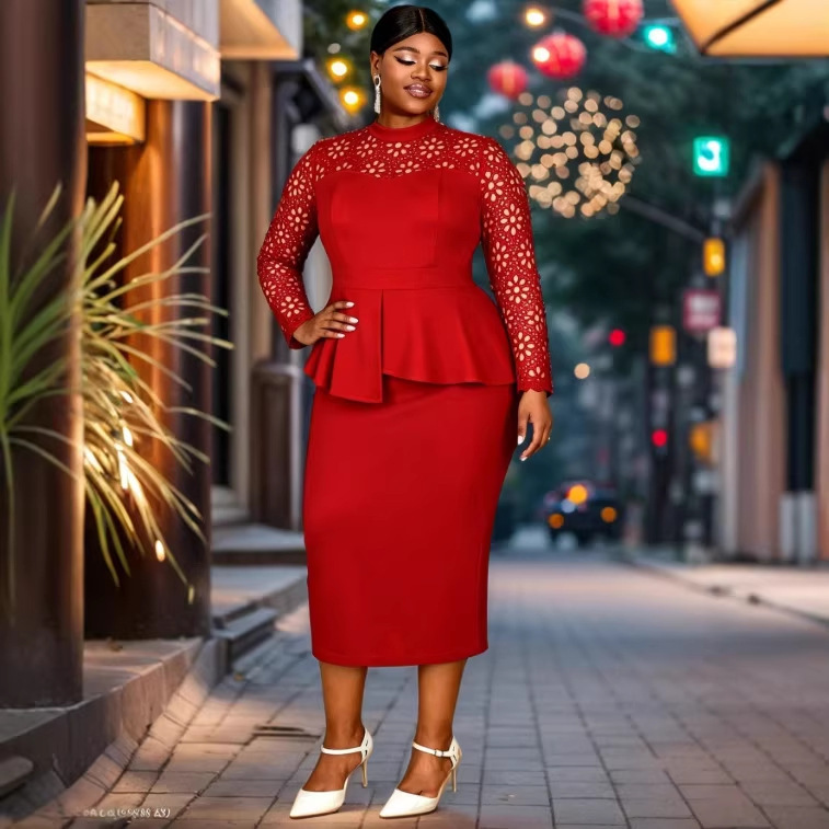 Plus-Size Women's Lace Dress, Ruffled Waist-Cinching Slimming Wedding Guest Dress, Elegant Professional Dress Plus-Size Women's Lace Dress, Ruffled Waist-Cinching Slimming Wedding Guest Dress, Elegant Professional Dress