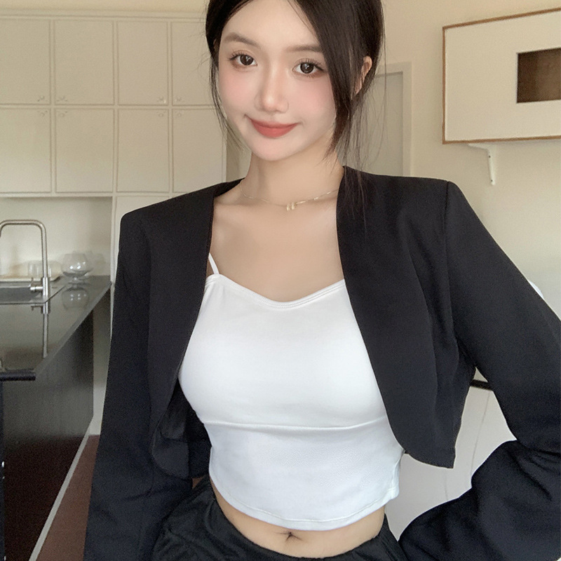 Vintage Short Top Suit Jacket Spring and Autumn New Design Sense All-match Slim-fit Slim-fit Black Cardigan Women