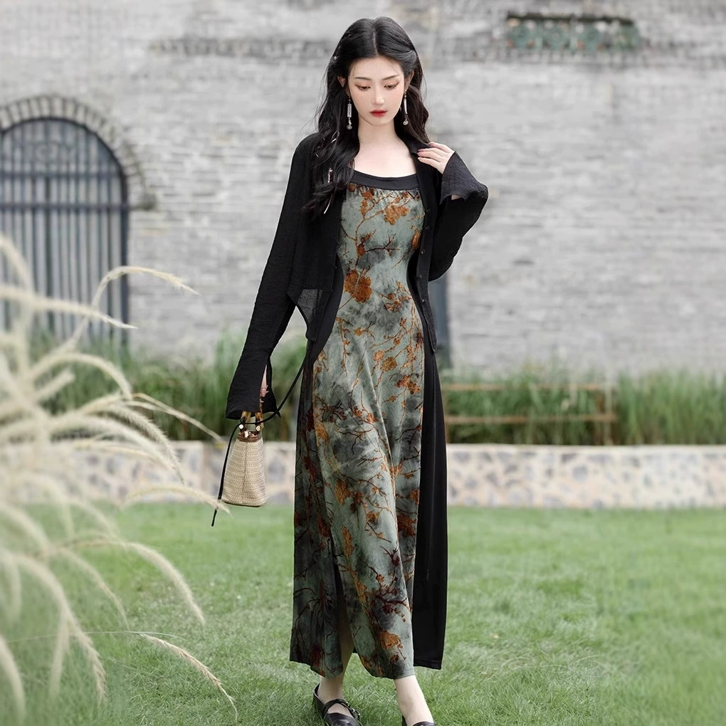Новое национальное платье в китайском стиле с рисунком тушью, осеннее женское нишевое платье с флокированием на подтяжках, маленький дизайн костюма