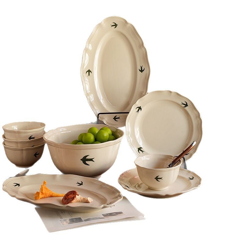Tazón grande de cerámica japonesa estilo golondrina retro para sopa o fideos, plato para la cena, plato para postre, juego de tazones y platos para el hogar, vajilla creativa.