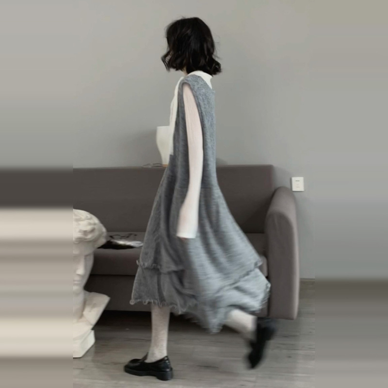 French-Style Gray Knitted Long-Sleeve Dress for Women, Early Autumn 5 New Korean Style Outfit Set