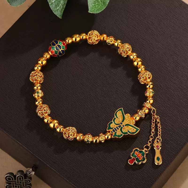 金店同款999烧蓝珐琅蝴蝶流苏手链 可调节手环新款手饰女