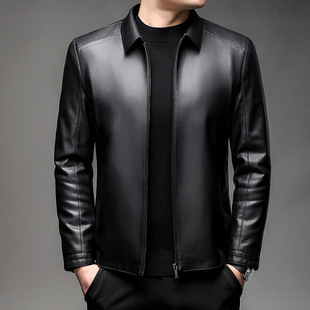 Autumn and Winter Plus Velvet Leather Jacket for Men, Middle-Aged Business Casual Thickeneded Lapel Windproof Leather Jacket, High-End Leather Jacket for Men