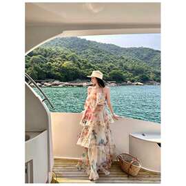 绝美印花层叠挂脖纱裙女纯欲露背连衣裙荷叶边度假长裙图片色扎染