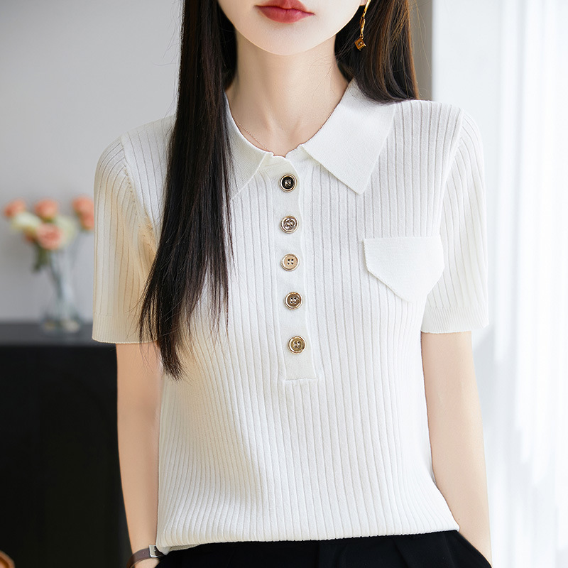 Spring New Style Women's Knitted Short-Sleeved Versatile Pure Color Pullover Polo Collar Short-Sleeved Ribbed Woolen Top