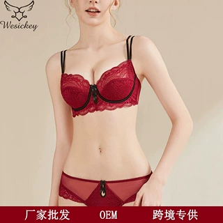 跨境性感蕾丝内衣纯欲薄款法式内衣女大胸显小防下垂大码文胸套装