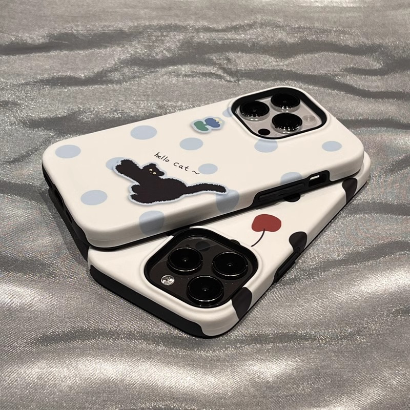 iPhone15/16promax/13/12 携帯電話ケースフィルム Apple 14/13 漫画水玉黒猫に適しています|undefined