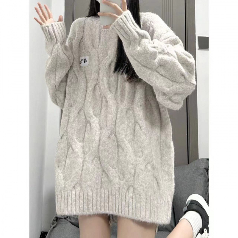 韩系软糯圆领毛衣女秋冬季奶宽松外穿慵懒风加厚针织麻花上衣|undefined