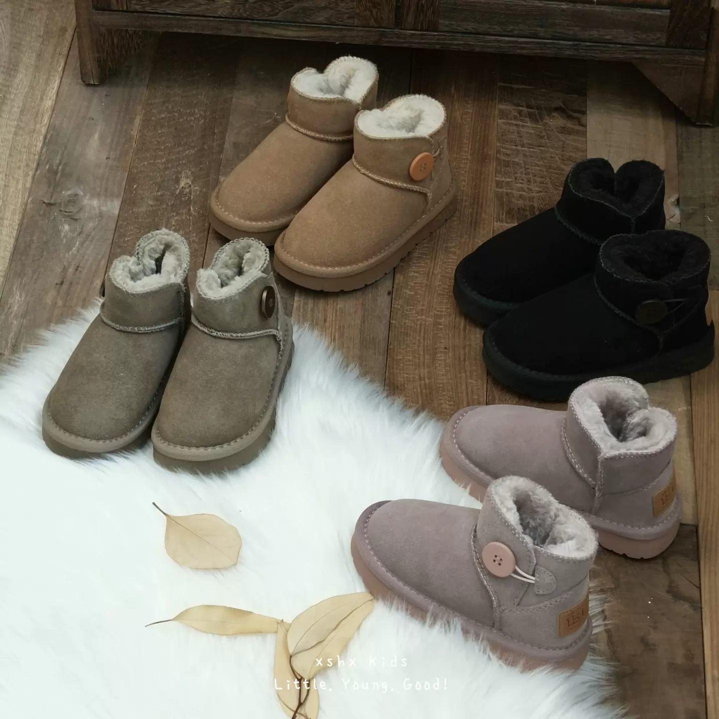 XSHX『原木纽扣』儿童真皮雪地靴男女童冬加厚冬一脚蹬【温州鞋】