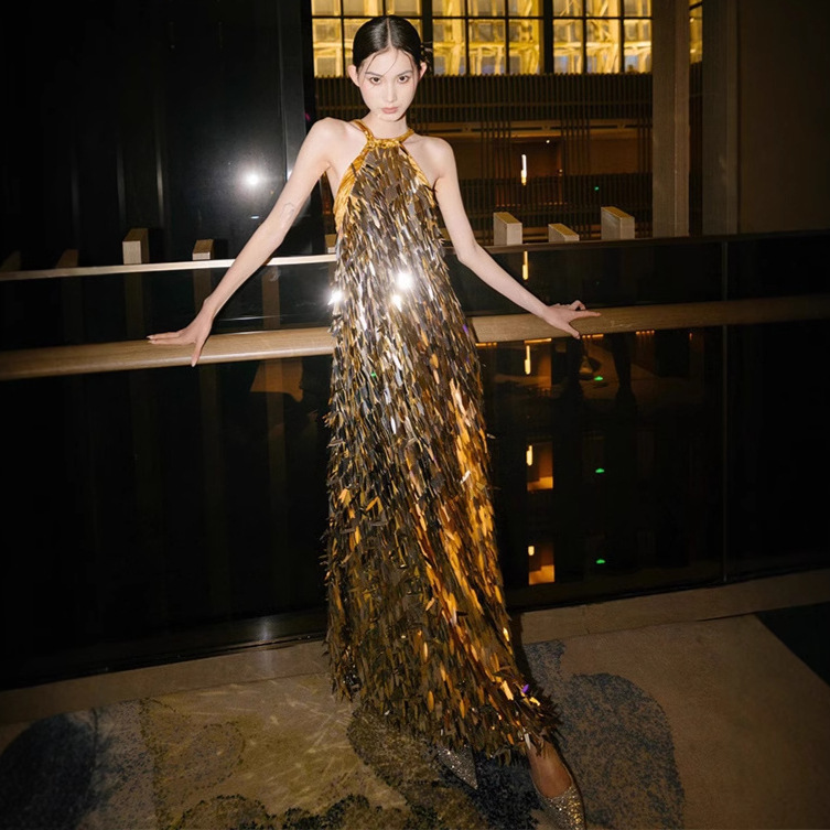 Golden New Chinese-Style Dress, Light Luxury Niche 2026 New Model, Socialite Style Halter Neck, Heavy Sequin Work, Sexy Backless Long Dress
