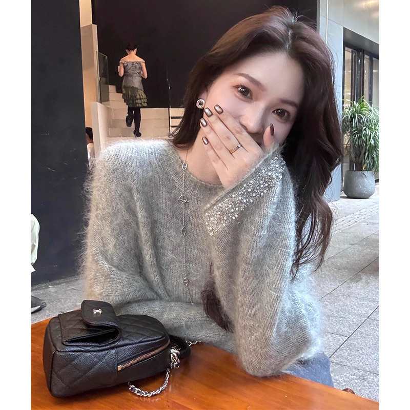 High-End Gray Mohair Beaded Pullover Sweater for Women in Autumn and Winter, Loose and Lazy Style Outer Wear Soft Waxy Knitted Top