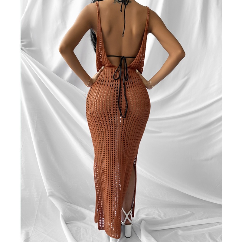 Solid Color Pattern Wholesale Women's Sexy Hollow Out Backless Solid Color Beach V Neck Sleeveless Irregular Skirt