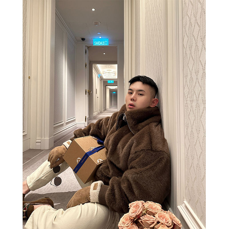 2023 New Korean Style Mink Hair Short Coat Motorcycle Men's Winter Fashion Brand Cotton Warm Fur Coat Jacket