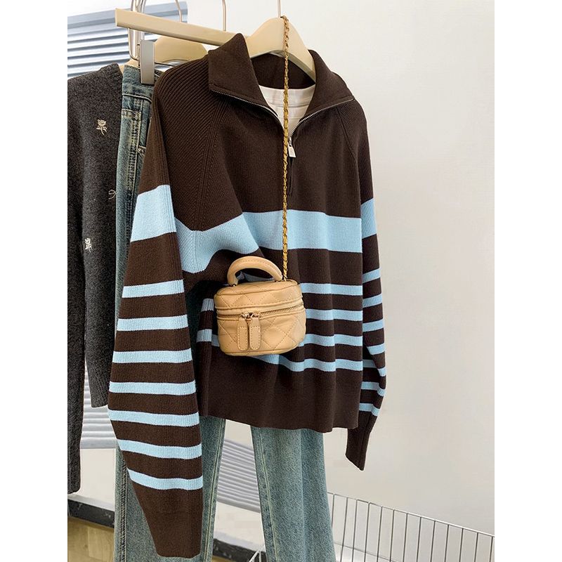条纹半拉炼翻领套头毛衣外套女秋冬2025新款慵懒风外穿针织衫