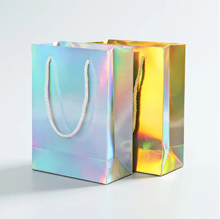 Processed Colorful White Card-Covered Laser Tote Bag Rainbow Gold and Silver Card Shopping Bag Gift Souvenir Gift Bag Can Be Customized