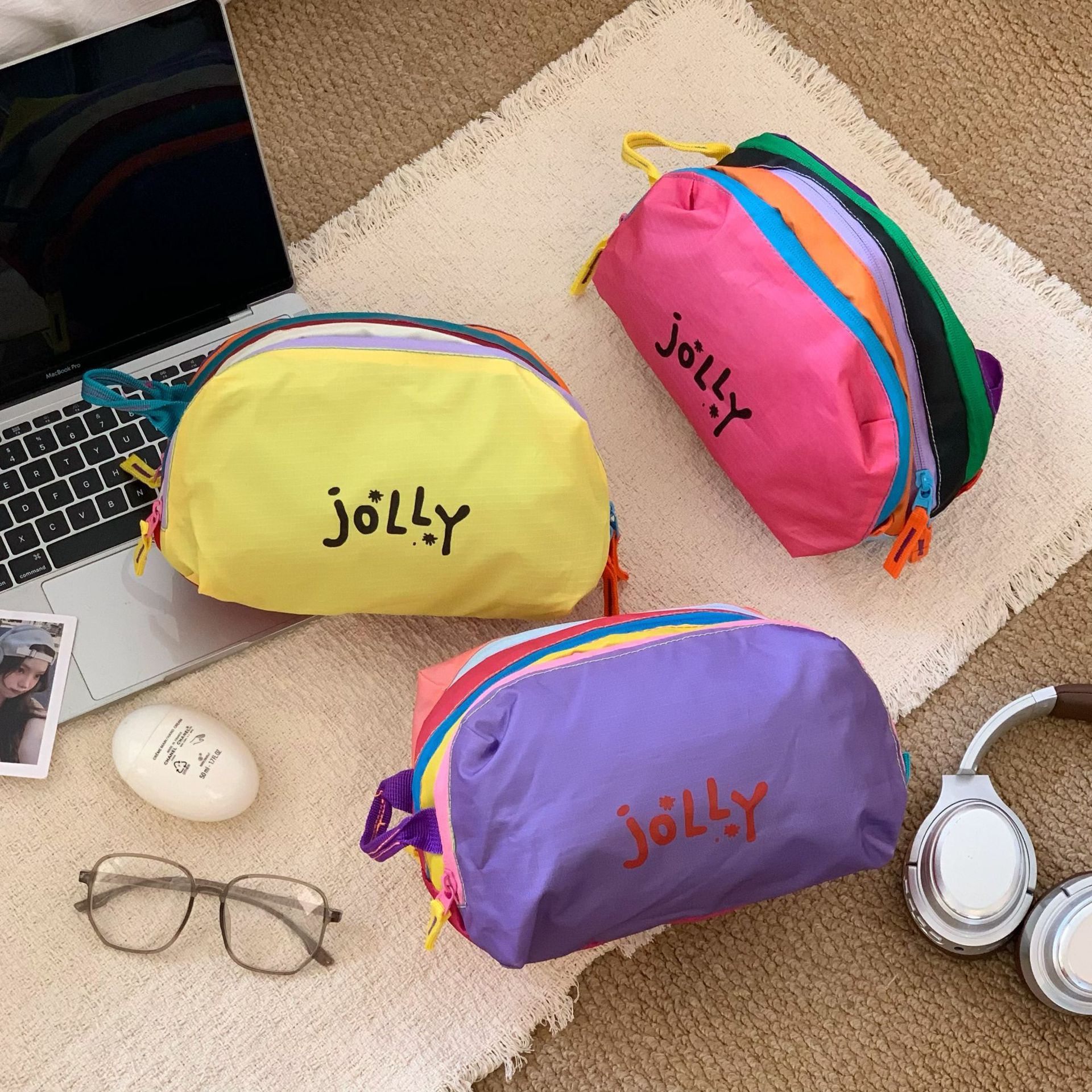Jolly Three-Layer Toiletry Bag New Dopamine Style Portable Makeup Bag Large Capacity Patchwork Color-Blocking Handbag