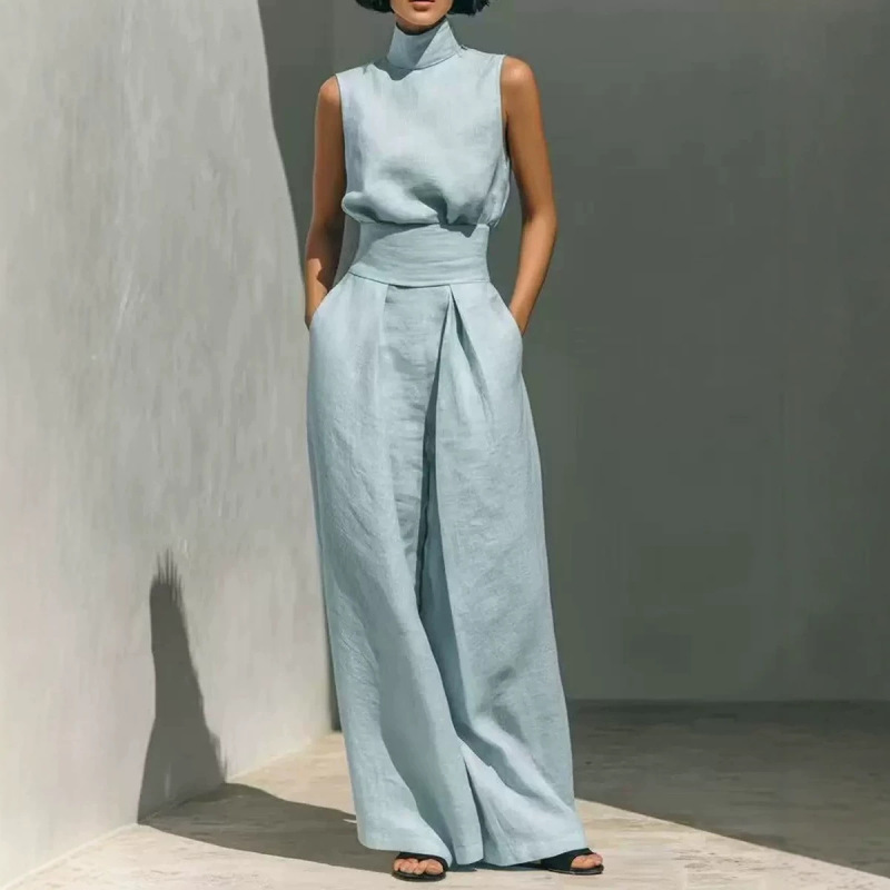 2026 European and American Spring New Cross-Border Solid Color Elegant Women's Simple Blended Sleeveless Top and Wide-Leg Pants 2026 European and American Spring New Cross-Border Solid Color Elegant Women's Simple Blended Sleeveless Top and Wide-Leg Pants