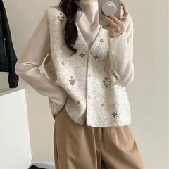 韩系甜美减龄V领花朵刺绣无袖马甲开衫背心女小个子短款外搭上衣