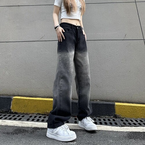 Black Gradient Wide-Leg Jeans for Women, High-Waisted, Slimming, 2025 Summer, Thin, Loose Straight Leg, Floor-Length, Draping