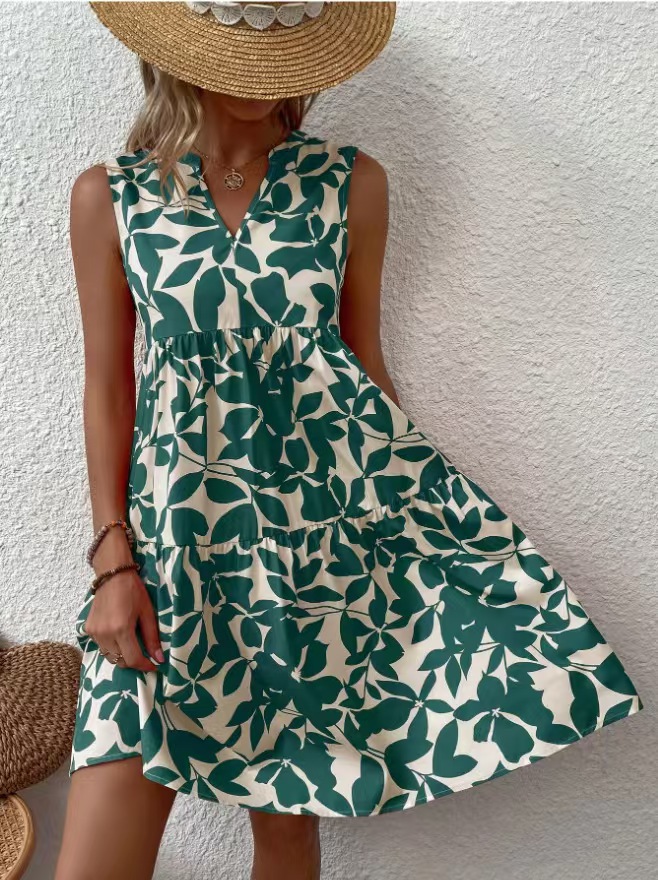 Women's Clothing Women's V Neck Sleeveless Dress Summer Fashion Printed Dress For Formal & Casual For Women_ecoleips.com