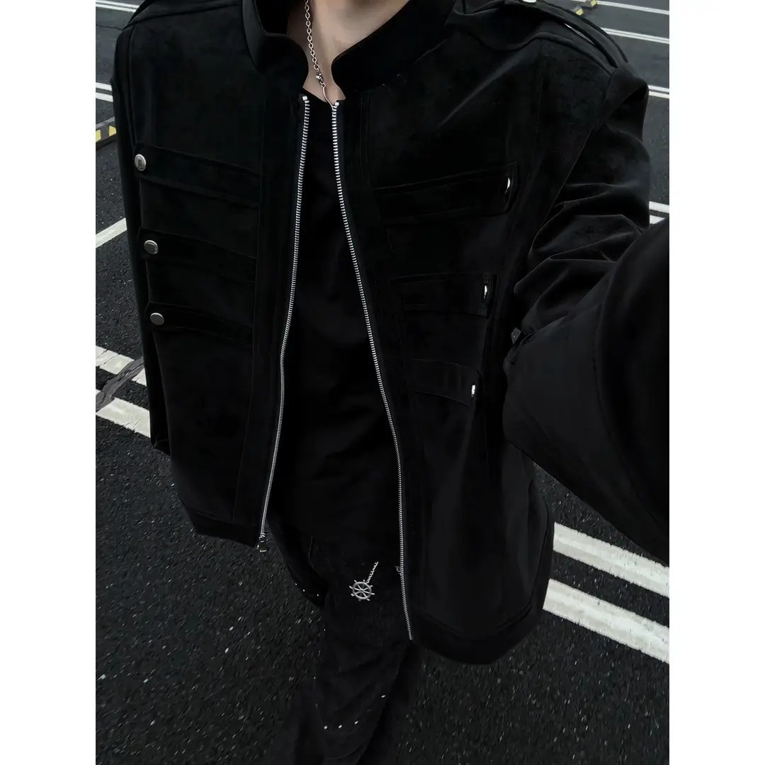 美式潮牌立领正肩拿破仑夹克男秋季慵懒风肩章设计感穿搭潮流外套