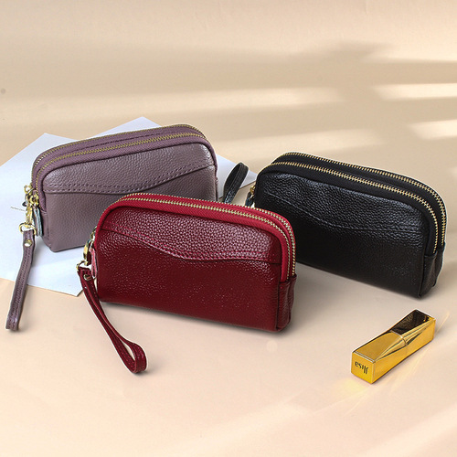 New style cowhide genuine leather long wallet European and American fashion mobile phone bag double zipper large capacity ladies clutch bag wholesale