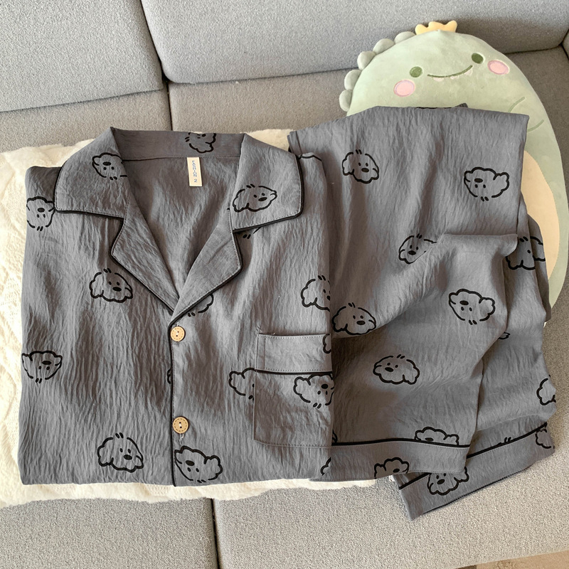 宝蓝格子HelloKitty纯棉纱布情侣睡衣女春秋款长袖男士家居服夏季|undefined