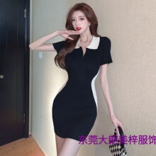 感辣妹针织连衣裙女夏气质短袖修身设计感Polo领撞色包臀短裙