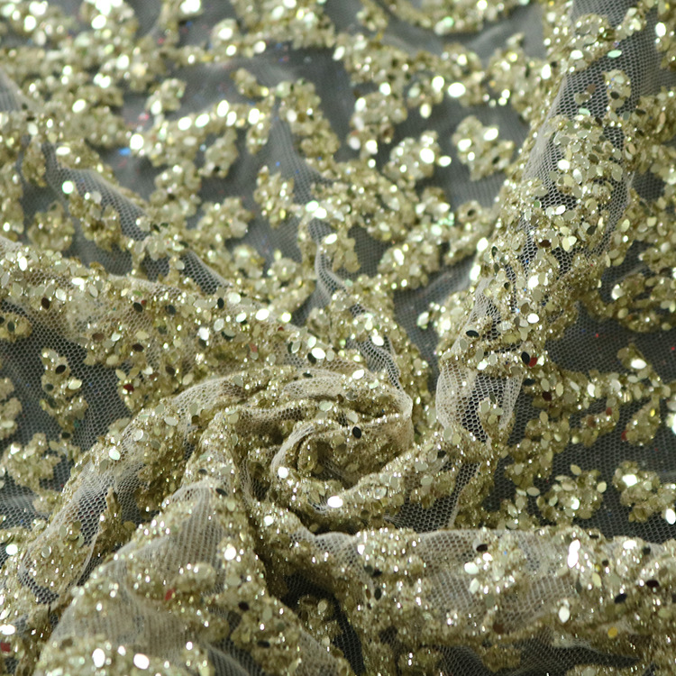 2024 nuevo hilo de malla espumante amarillo polvo fino polvo pulverizado oro poliéster tela de vestido de boda