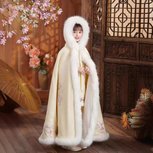 Fur Collar cloak spring girls' hanfu Chinese style ancient costume fleece-lined thickened cold-proof warm new year greeting clothes