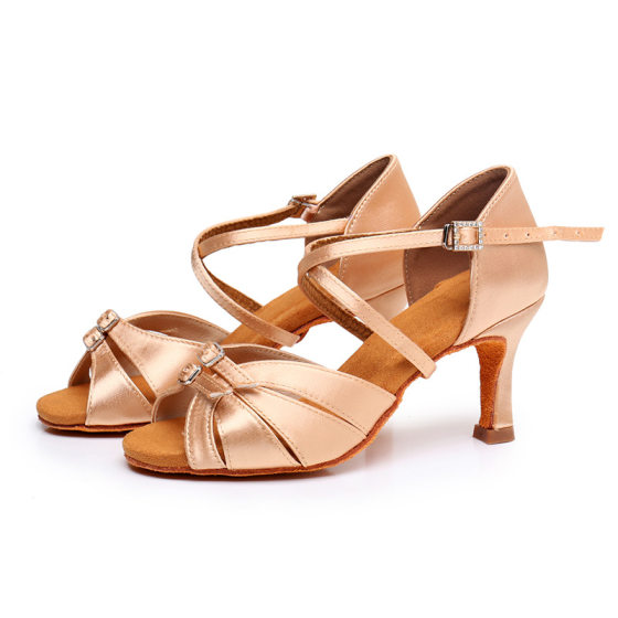New Double Buckle Adult Latin Dance Shoes Diamond Buckle National Standard Dance Soft Bottom Practice High Heeled Denim Dance Fat Foot Dance