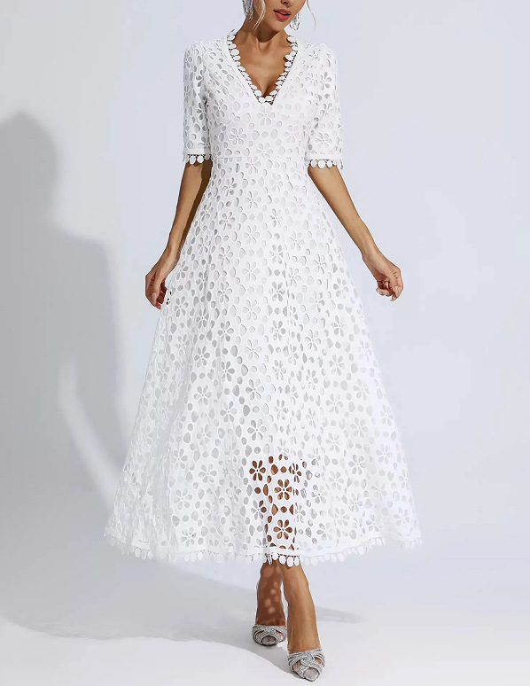 Women's Deep V Neck mid Length Lace Evening Dress Spring/Summer New Arrival European American Style Regular Size_ecoleips.com