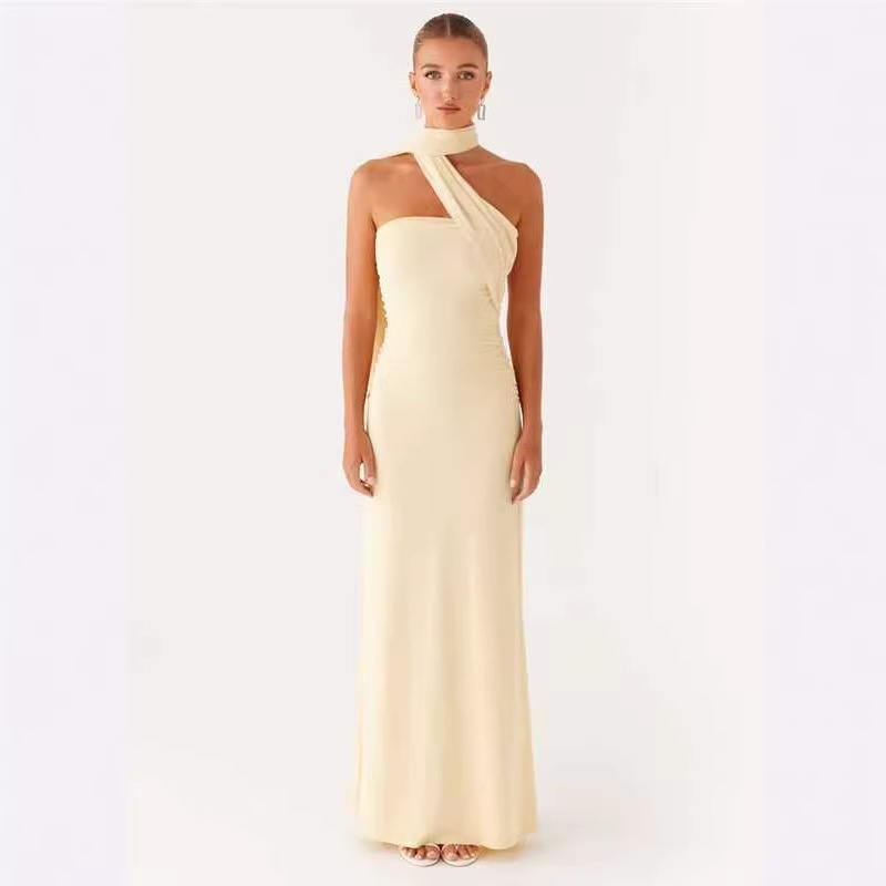 2026 Amazon Temu Aliexpress Neck-Wrap Ribbon Dress with Side Pleats and Ultra-Long Strapless Design