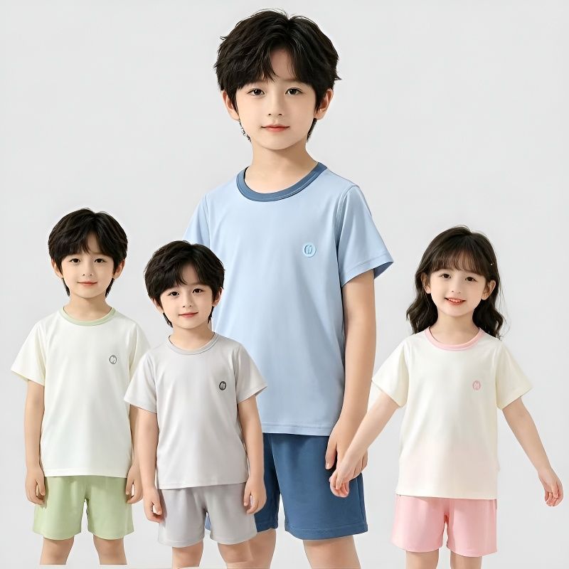 Children's Youke Silk Seamless Short-Sleeved Pajamas, New Style for Medium and Large Children, Summer Thin Style, Boys and Girls' Home Wear Set