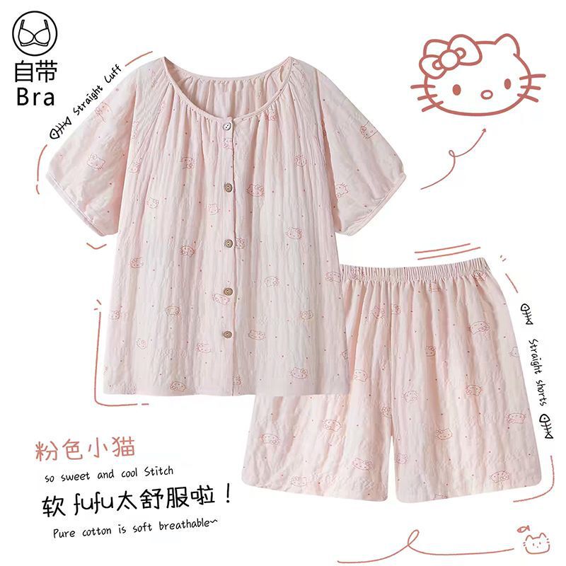 Pink Polka Dot Cute Kitten Cloud Cotton Pajamas for Women Summer Thin Short-Sleeved with Chest Pad Integrated Girl's Home Wear Pink Polka Dot Cute Kitten Cloud Cotton Pajamas for Women Summer Thin Short-Sleeved with Chest Pad Integrated Girl's Home Wear