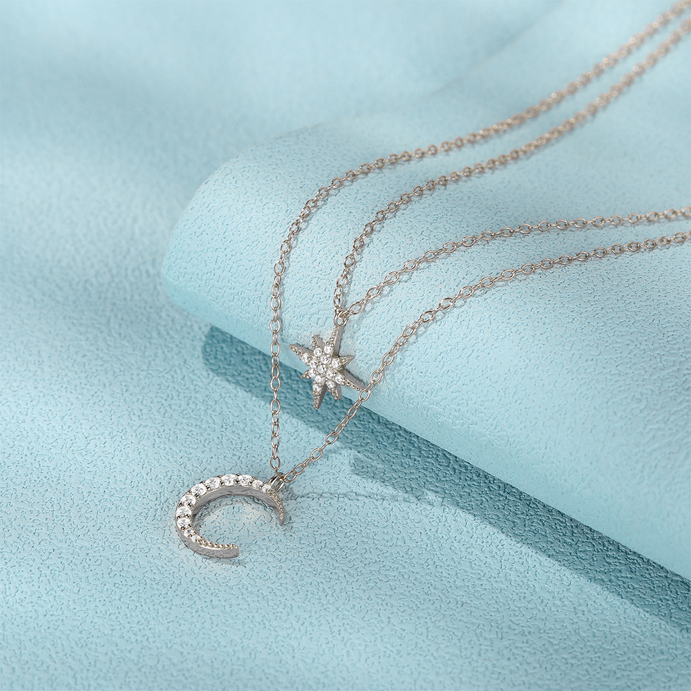 Women's Gender 925 Sterling Silver Zircon Cable Chain Plating Inlay Star Moon Double Layer Necklaces