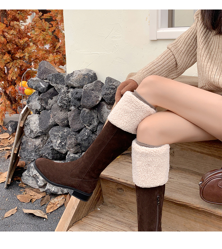 Boot nữ cổ cao ôm chân da bò lộn gót dày hai lớp lông — màu nâu chi tiết 15