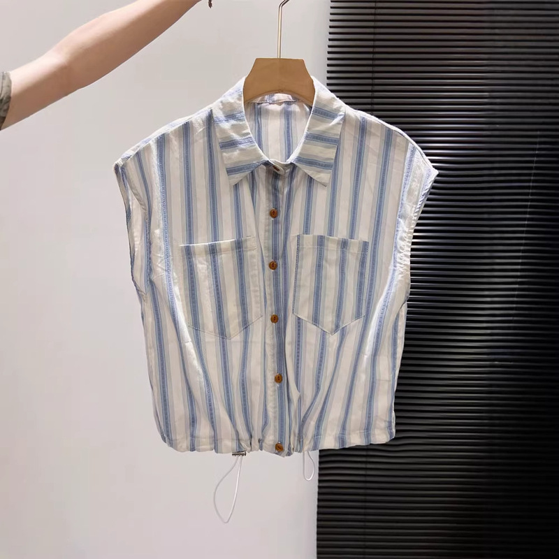 Striped Lapel Shirt for Women 2026 Summer New Style Loose Versatile Stylish Slimming Short Shirt Vest A10977 Striped Lapel Shirt for Women 2026 Summer New Style Loose Versatile Stylish Slimming Short Shirt Vest A10977