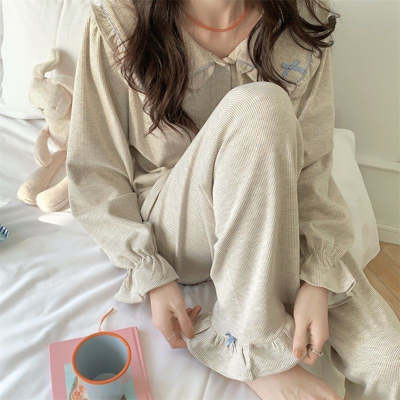 韩版甜美娃娃领条纹睡衣女秋冬新款网红风学生宿舍家居服套装|undefined