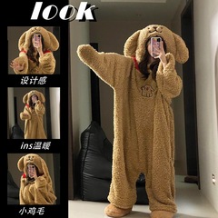 可爱线条小狗珊瑚绒连体睡衣秋冬季女生连帽加厚保暖家居服可外穿