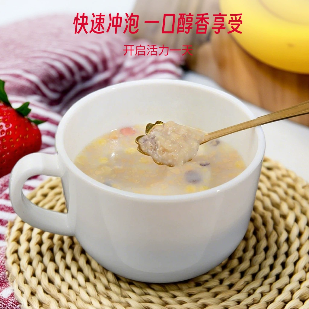 Каша-питание со вкусом клубники и банана йогуртово-овсяный напиток-заменитель прием пищи завтрак чувство сытости питание овсянка кукурузная мука фрукты злаки