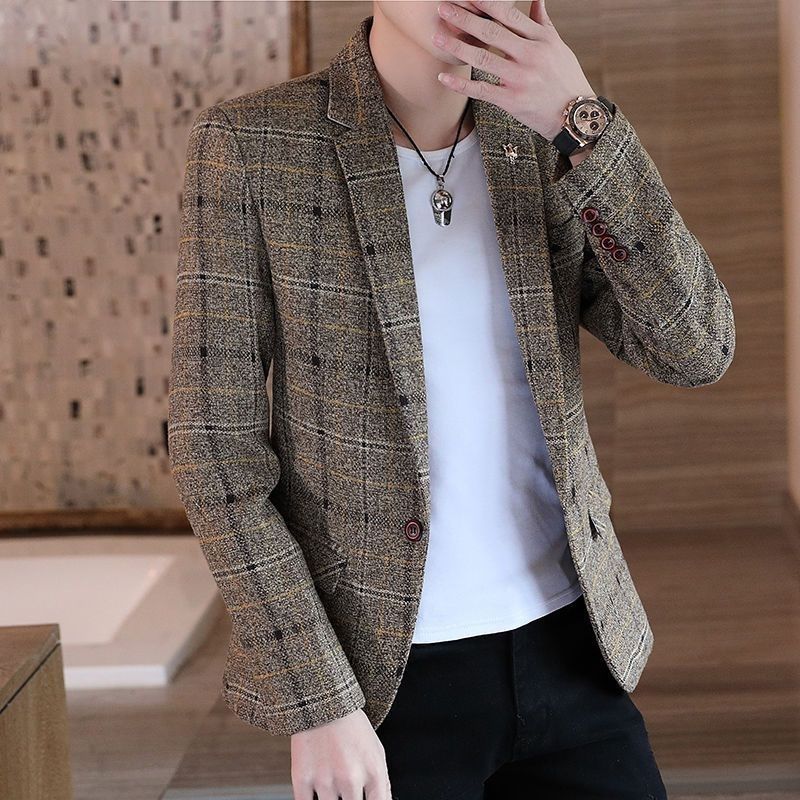 春春秋格子小西服青年男士上衣商务休闲西装修身韩版男西服外套潮|undefined
