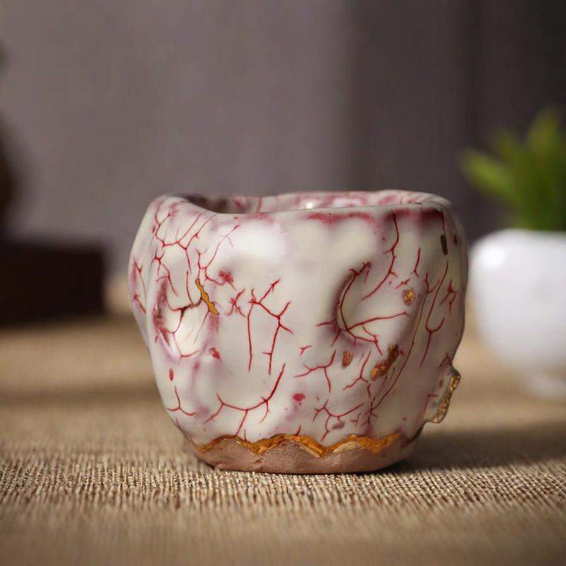 日式志野柴烧陶瓷主人杯纯手工茶杯单杯台湾老岩泥点金功夫茶盏