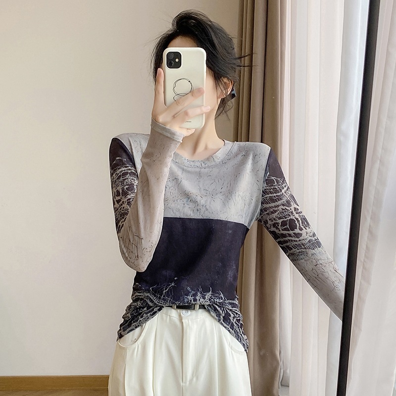 东南亚2025秋新款定位网纱印花圆领长袖t恤女时尚修身打底衫潮|undefined
