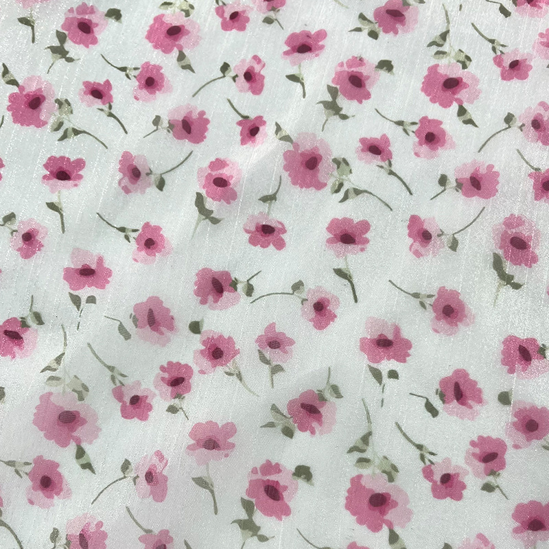 Tela de organza arrugada de poliéster, tela de impresión de flor rosa, ropa de mujer de primavera y verano, tela de impresión de primavera y verano