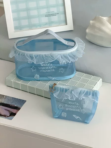 Cross-Border Ocean Blue Mesh Bag with High Aesthetic Appeal, Girly Style, Instagram-Inspired Embroidery, Hollow Design, Portable Lipstick Sample Makeup Bag
