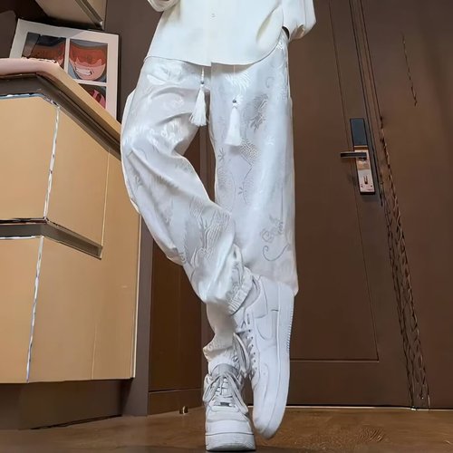 Mens Summer Traditional Chinese Style Dragon Pattern Embroidered Silk Ice Fabric Suit with Tied Ankle Straight Leg Pants